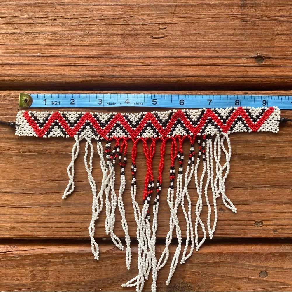 Handcrafted Beaded Choker Necklace - Red, Black, and Cream - Picture 5 of 6